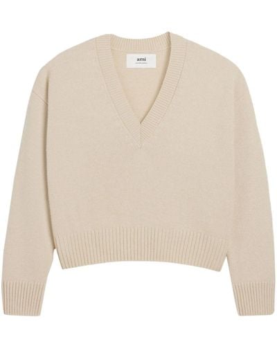 Ami Paris Cropped Wool-cashmere Blend Jumper - Natural