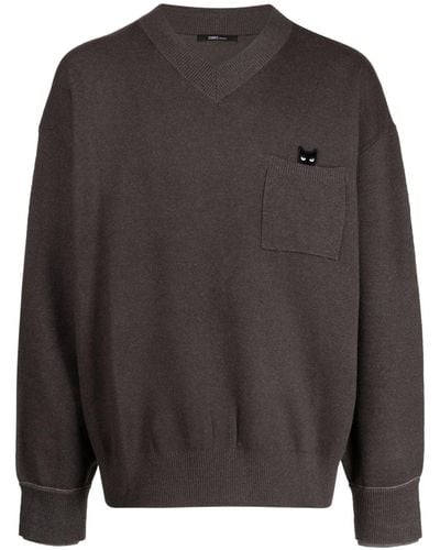ZZERO BY SONGZIO Trace Pocket Panther V-neck Sweater - Gray