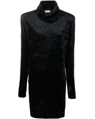 Saint Laurent Roll-neck Velvet Effect Minidress - Black