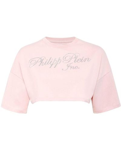 Philipp Plein T-shirt crop à logo strassé - Rose