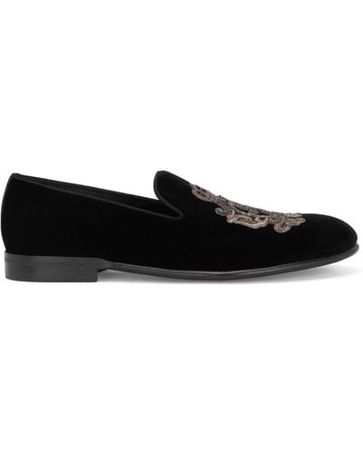 Dolce & Gabbana Velvet-finish Embroidered Slippers - Black