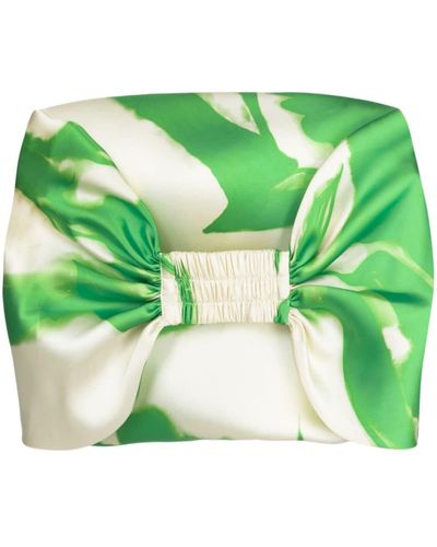 Amsale Abstract-print Satin Cropped Top - Green