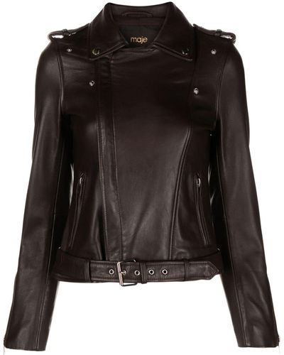 Maje Zip-up Leather Biker Jacket - Black