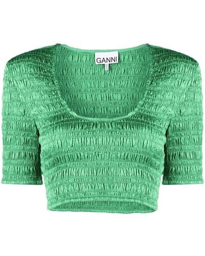 Ganni Cropped Smocked Top - Green
