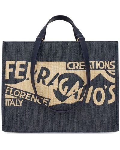 Ferragamo Medium Venna Logo-Embroidered Tote Bag - Blue