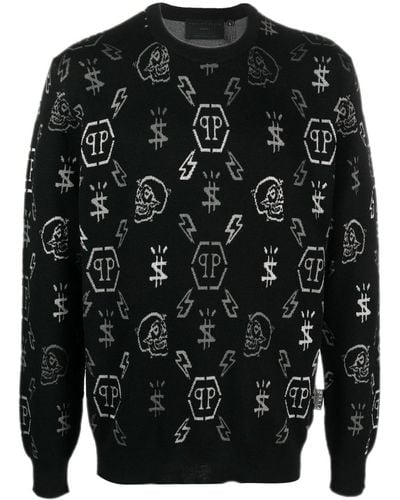 Philipp Plein Ls Jacquard Monogram Sweater - Black