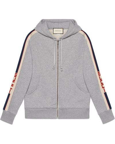 Gucci Hooded Zip-up Sweatshirt With Stripe - Grey