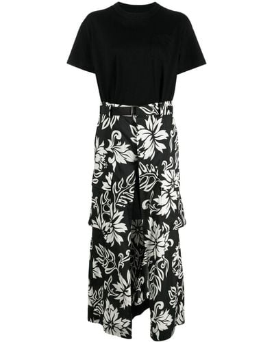 Sacai Floral-panel T-shirt Dress - Black
