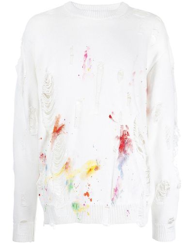 Mostly Heard Rarely Seen Distressed Paint-splatter Sweatshirt - White