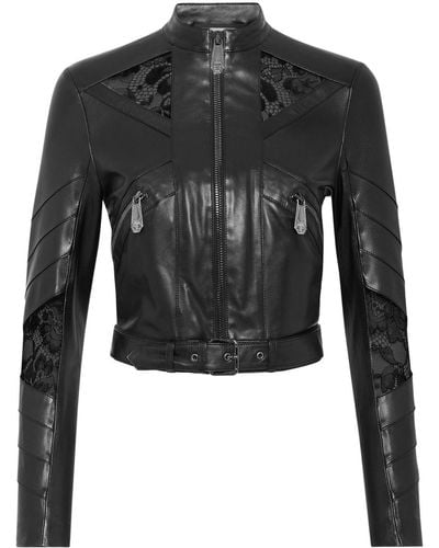 Philipp Plein Lace-embellished Leather Jacket - Black