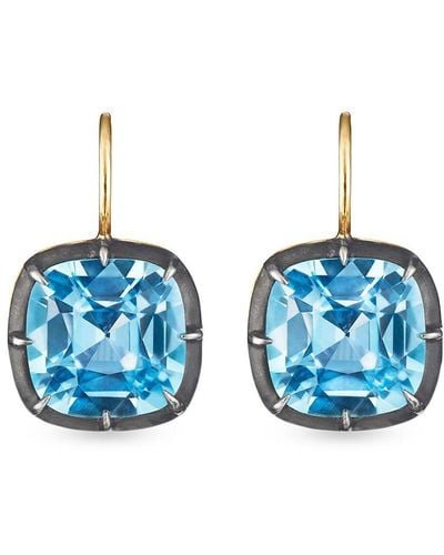Fred Leighton 18kt Gold Cushion Topaz Collet Drop Earrings - Blue
