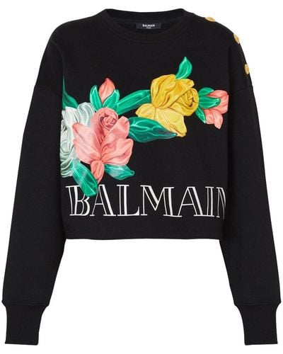 Balmain Rose-print Cropped Cotton Sweatshirt - Black