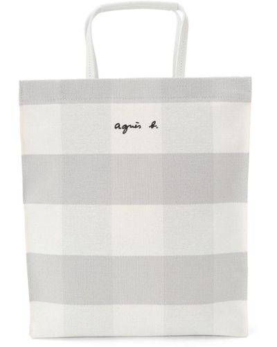 agnès b. Check-pattern Canvas Tote Bag - White