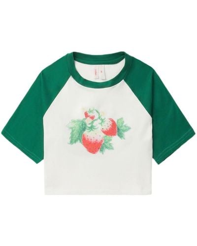 YUHAN WANG Strawberry-print Cropped T-shirt - Green