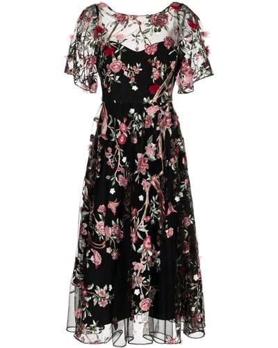 Marchesa Floral-embroidery Midi Dress - Black