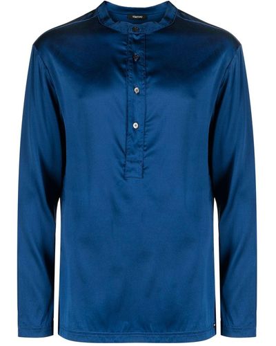 Tom Ford Collarless Silk Pyjama Shirt - Blue