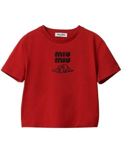 Miu Miu T-shirt en coton à logo brodé - Rouge