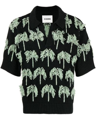 Jil Sander Palm-tree Knitted Polo Shirt - Black