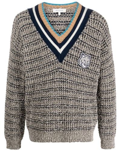 Maison Kitsuné Fox-patch V-neck Sweater - Gray