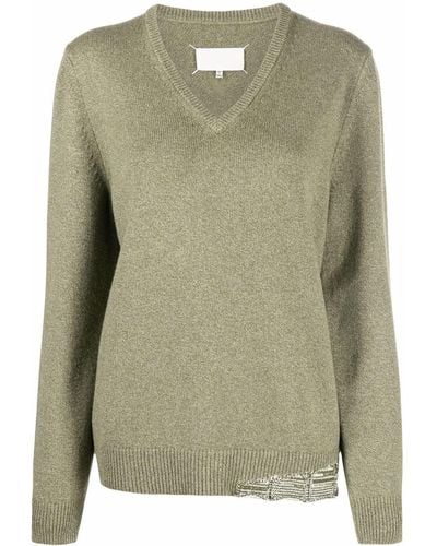 Maison Margiela Distressed-knit V-neck Long-sleeve Sweater - Green