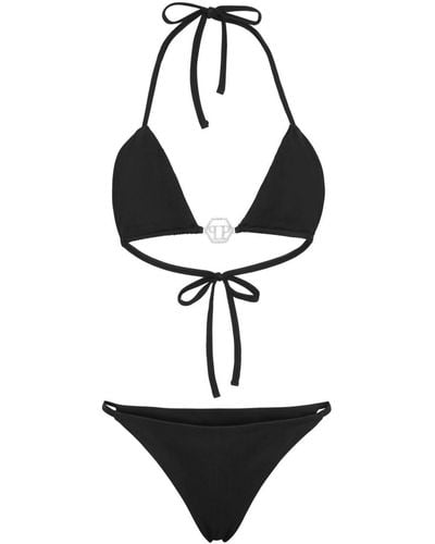 Philipp Plein Triangel-Bikini mit Logo-Schild - Weiß