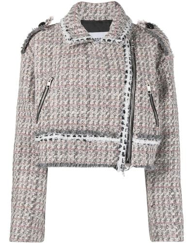 MSGM Cropped Tweed Biker Jacket - Gray