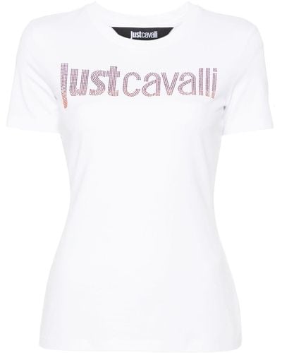 Just Cavalli Camiseta con logo y detalles de cristal - Blanco