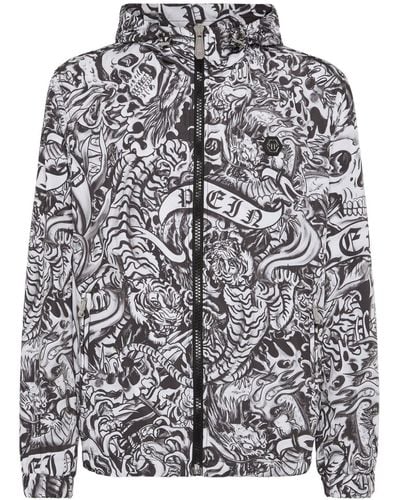 Philipp Plein Tattoo-print Hooded Windbreaker Jacket - Grey