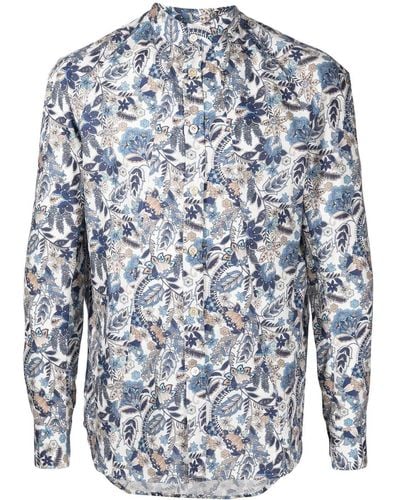 Kiton Floral-print Band Collar Shirt - Blue