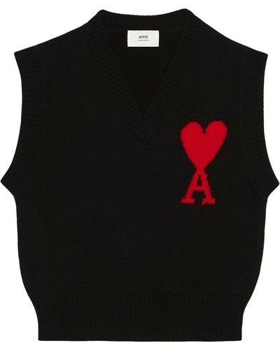 Ami Paris Logo-intarsia Knitted Vest - Black