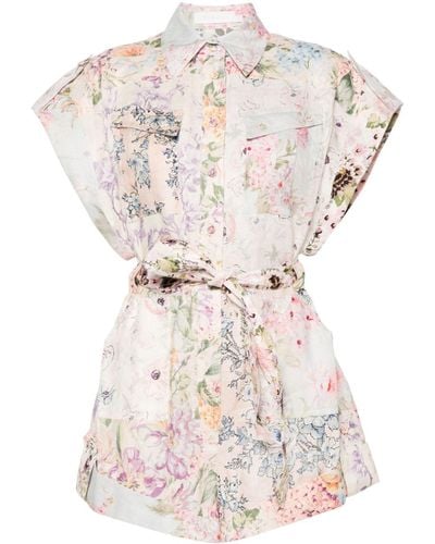 Zimmermann Multicolour Floral Short-sleeved Linen Playsuit - Women's - Cotton/linen/flax - Natural