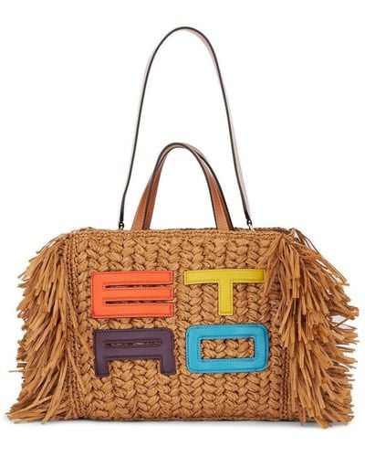 Etro Medium Shopping Bag In Raffia With Logo And Fringes - Orange