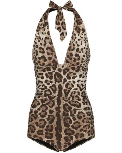 Dolce & Gabbana Leopard-Print One-Piece Swimsuit With Plunging Neckline - Braun