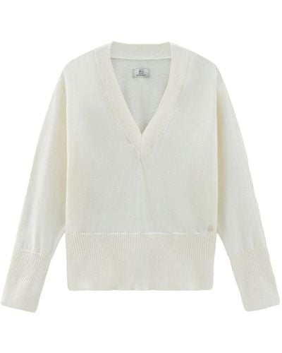 Woolrich Baumwoll-Kaschmir-Pullover mit V-Ausschnitt - Weiß