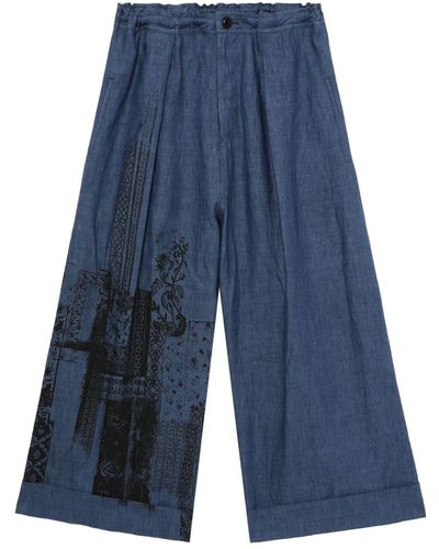 Y's Yohji Yamamoto Pantalon ample en lin à coupe courte - Bleu