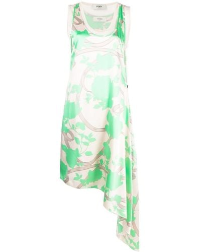 Fendi Floral-Motif Draped Silk Dress - Green