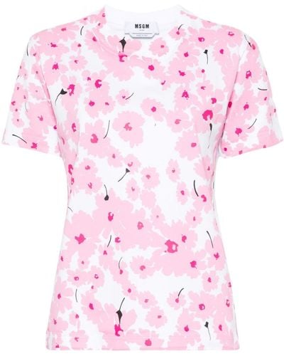 MSGM Floral-print Cotton T-shirt - Pink