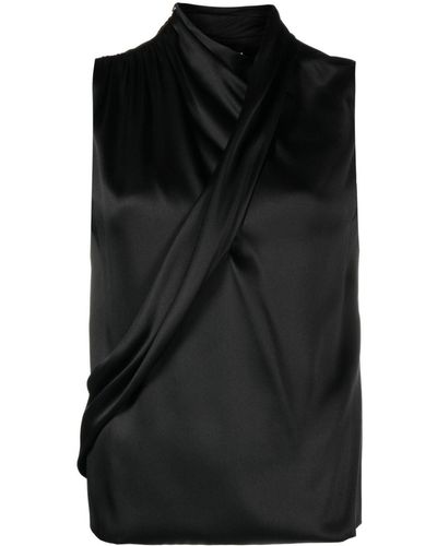 Giorgio Armani Sleeveless Draped Satin-silk Top - Black