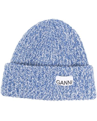 Ganni Logo-patch Ribbed-knit Beanie - Blue