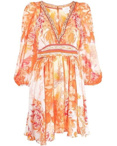Camilla Dragon-print Flared Dress - Orange