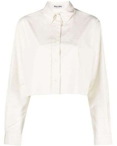 Miu Miu Chemise crop en coton à logo brodé - Blanc