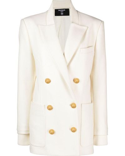 Balmain Embossed Double-breasted Fastening Coat - White