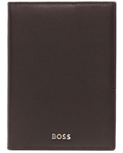 BOSS Logo-lettering leather passport holder - Braun