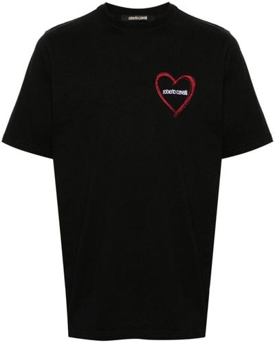 Roberto Cavalli Heart-embroidered Cotton T-shirt - Black