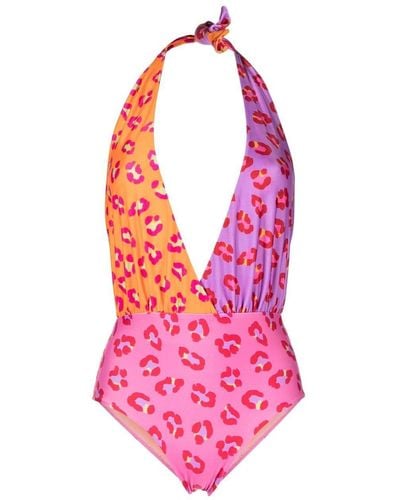 FARM Rio Leopard-print Halterneck Swimsuit - Pink