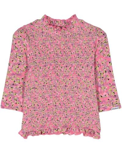 HUGO Floral-print Shirred T-shirt - Pink