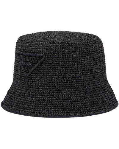 Prada Triangle-logo Raffia Bucket Hat - Black