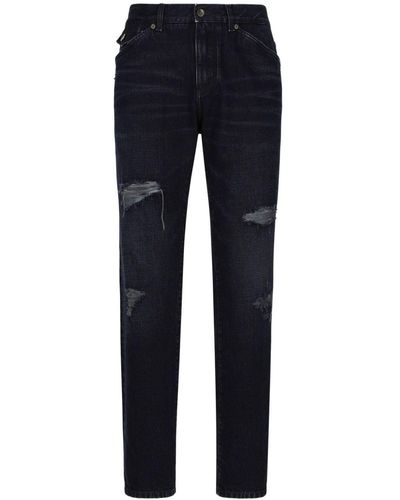 Dolce & Gabbana Logo-appliqué Ripped-detail Straight-leg Jeans - Blue