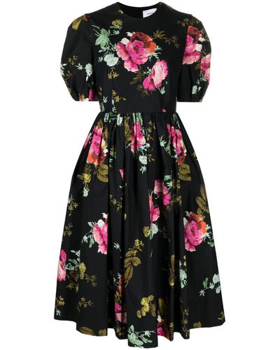 Erdem Robe midi en coton a fleurs - Noir