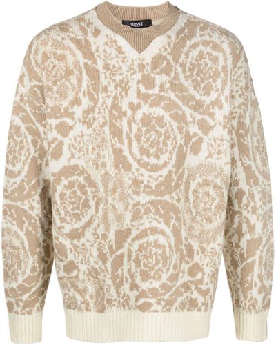 Versace Barocco-intarsia Virgin Wool Sweater - Natural
